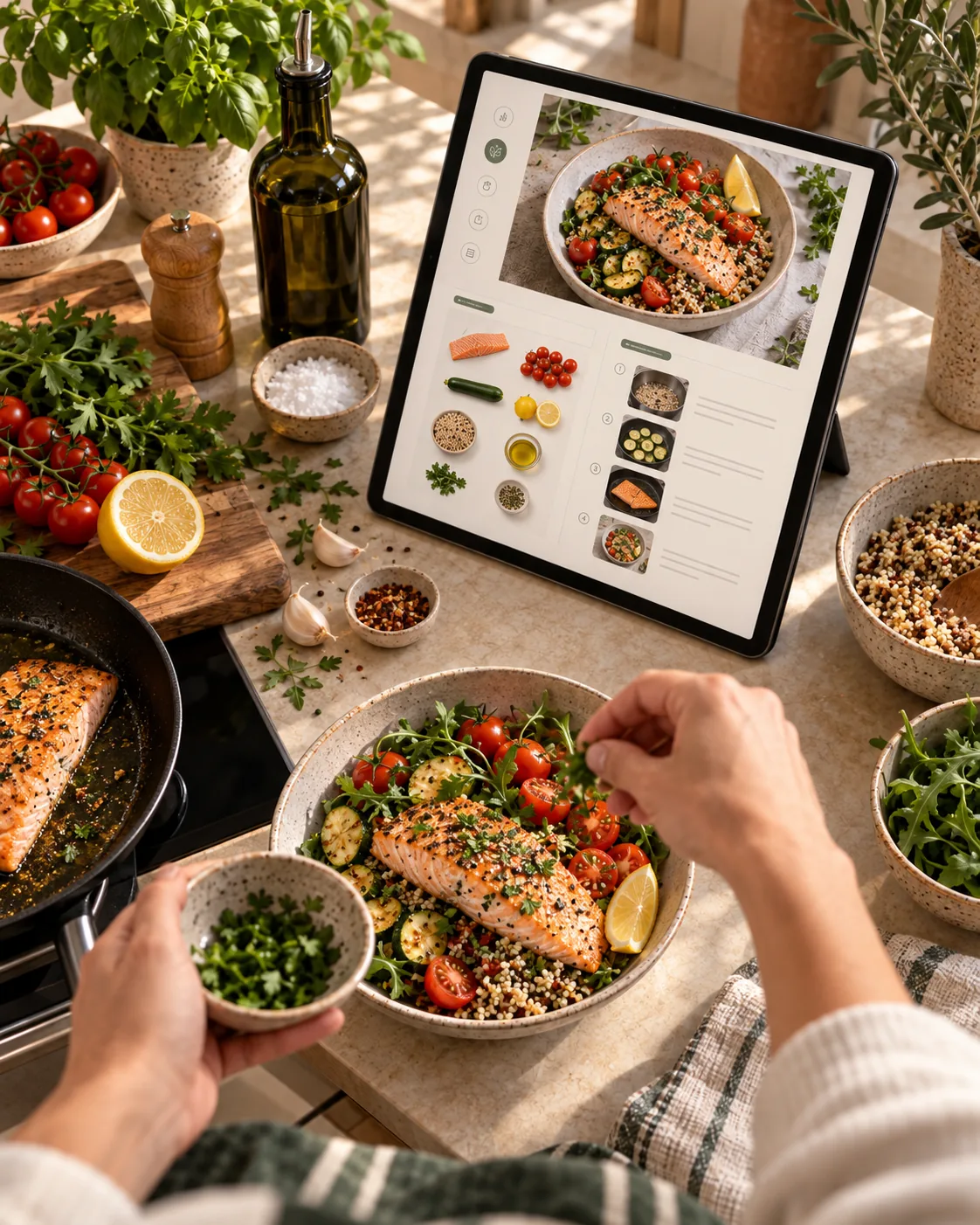 Tablet con ricetta durante la preparazione